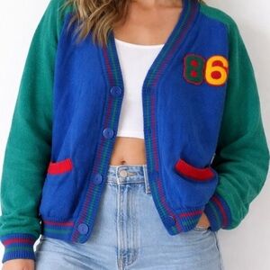 Vintage 1980s Pepe Jeans Varsity Cardigan Blue Green Colorblock ‘86 Patch